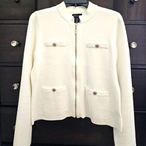 Ivory and Gold Zip Up Cardigan Sweater - Size L
